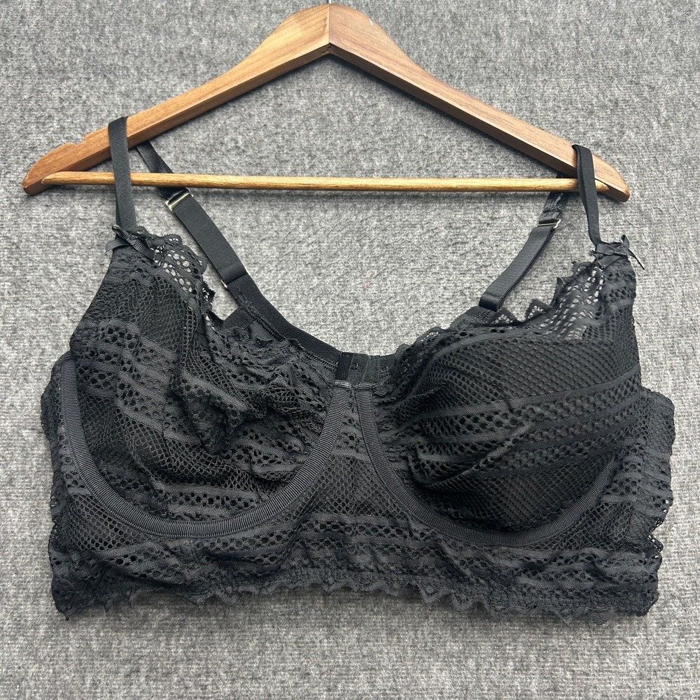 Cacique Balconette Underwire Bra 44D Black Lace Ribbon Accents‎ Lingerie